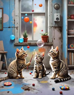 The primary subject of the image is a group of three cats sitting on the floor, playing with a toy. The setting is a room with a window, and the visual style is a painting or drawing. The colors and mood of the image are vibrant and lively, with the cats and the toy creating a playful and engaging atmosphere.